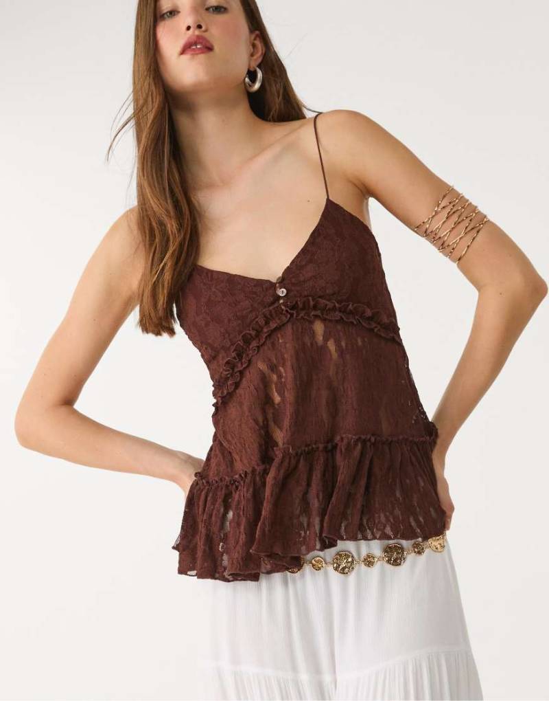 Stradivarius - Blonde - Oberteil aus Spitze in Braun mit Trägern von Stradivarius