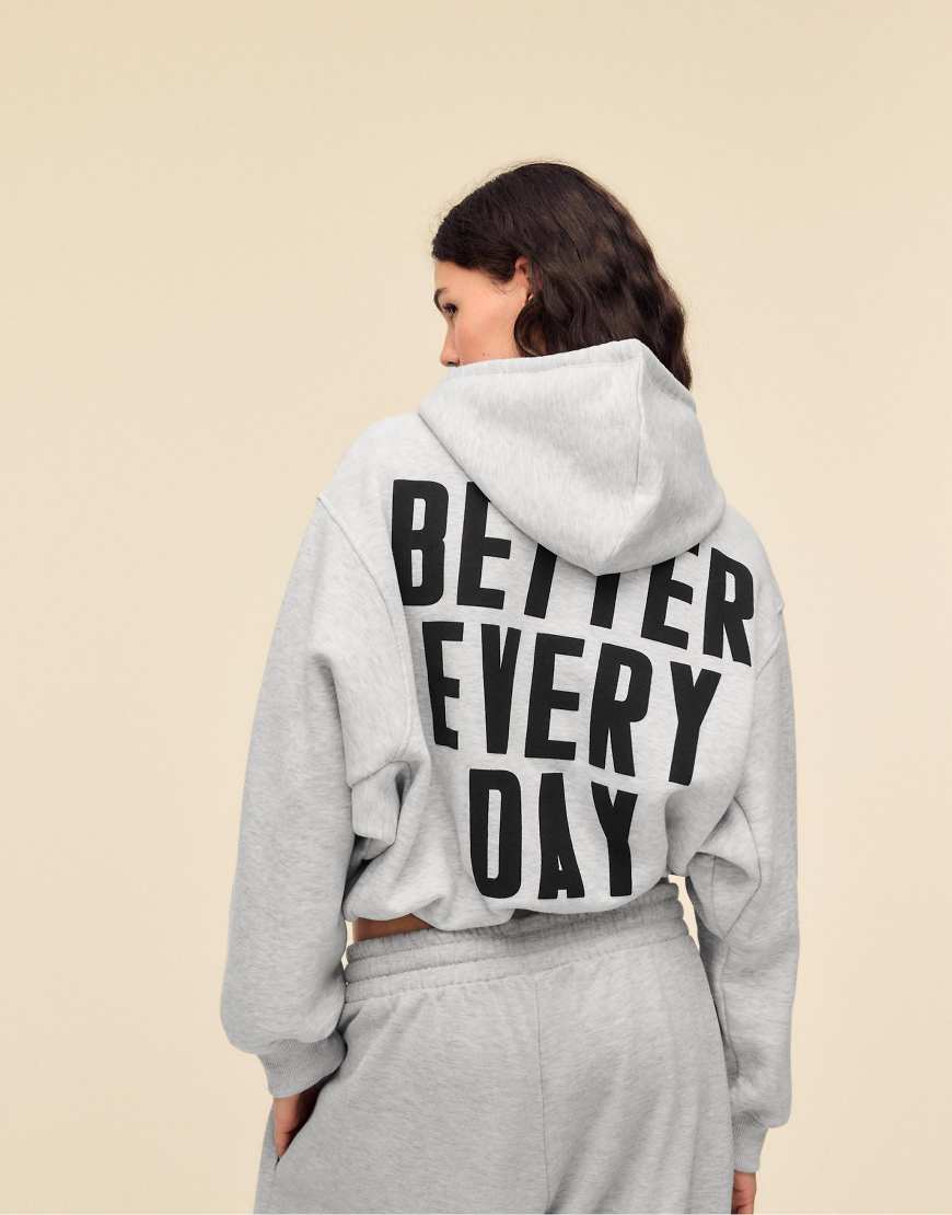 Stradivarius - Bomber-Sweatshirt in Grau meliert mit Kapuze und Print von Stradivarius