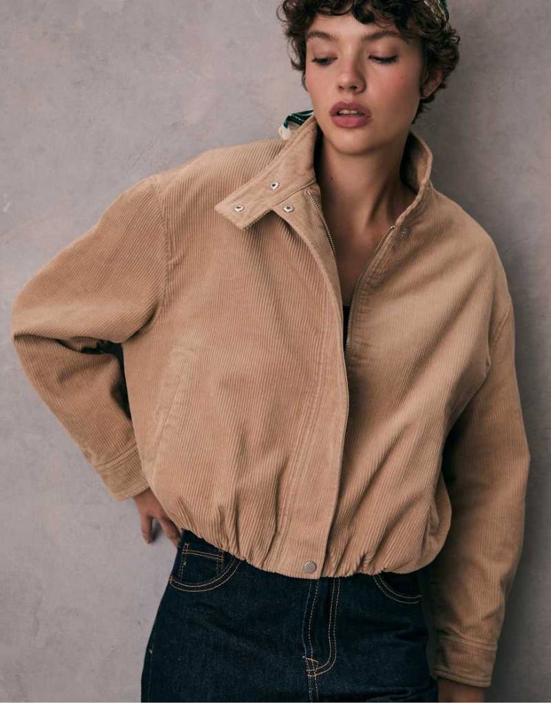 Stradivarius - Bomberjacke aus Cord in Steinbeige-Weiß von Stradivarius