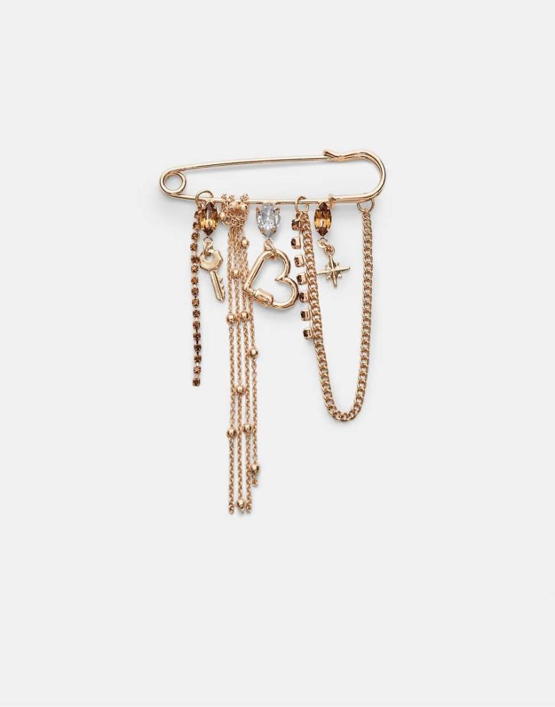 Stradivarius - Brosche in Goldoptik mit Ketten- und Schmucksteinanhängern-Gelb von Stradivarius