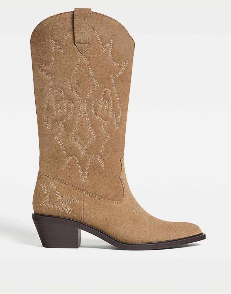 Stradivarius - Cowboystiefel in Beige aus Spaltleder-Neutral von Stradivarius