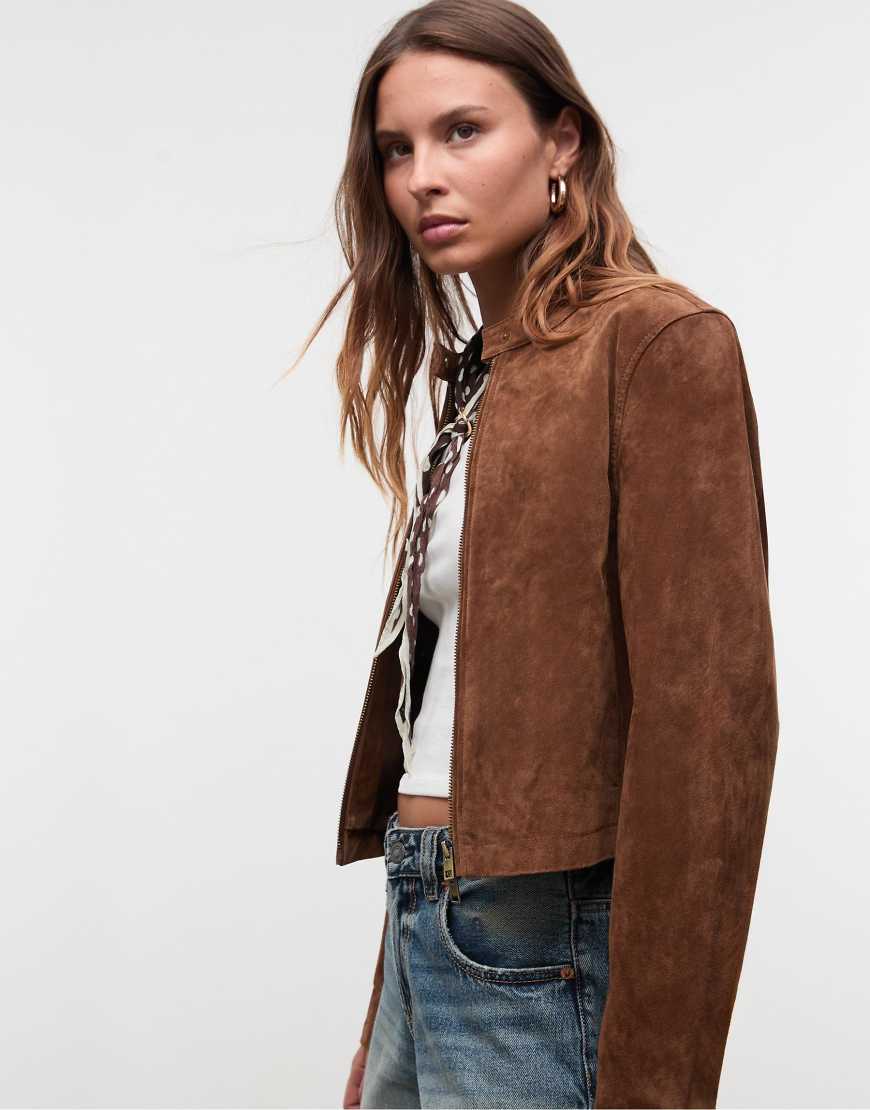 Stradivarius - Cropped-Jacke aus 100% Leder in Braun-Brown von Stradivarius