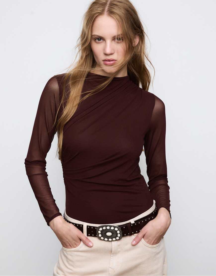 Stradivarius - Geraffter Tüll-Body in Braun-Brown von Stradivarius