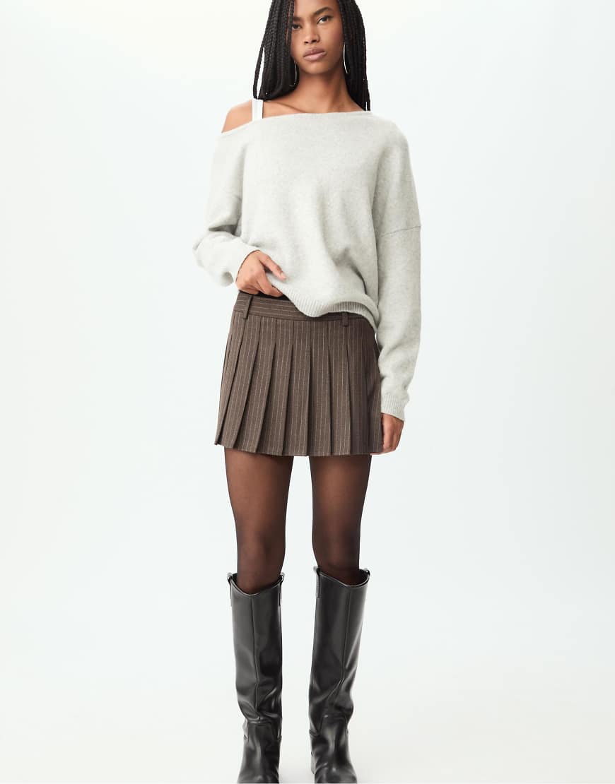 Stradivarius - Gestreifter Minirock in Braun mit Kellerfalten-Brown von Stradivarius