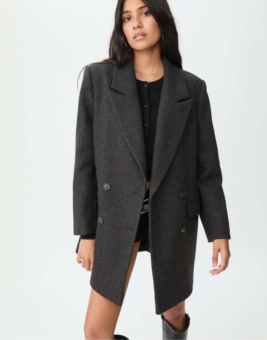 Stradivarius - Grauer Mantel in regulärer Passform mit Fischgrätmuster von Stradivarius