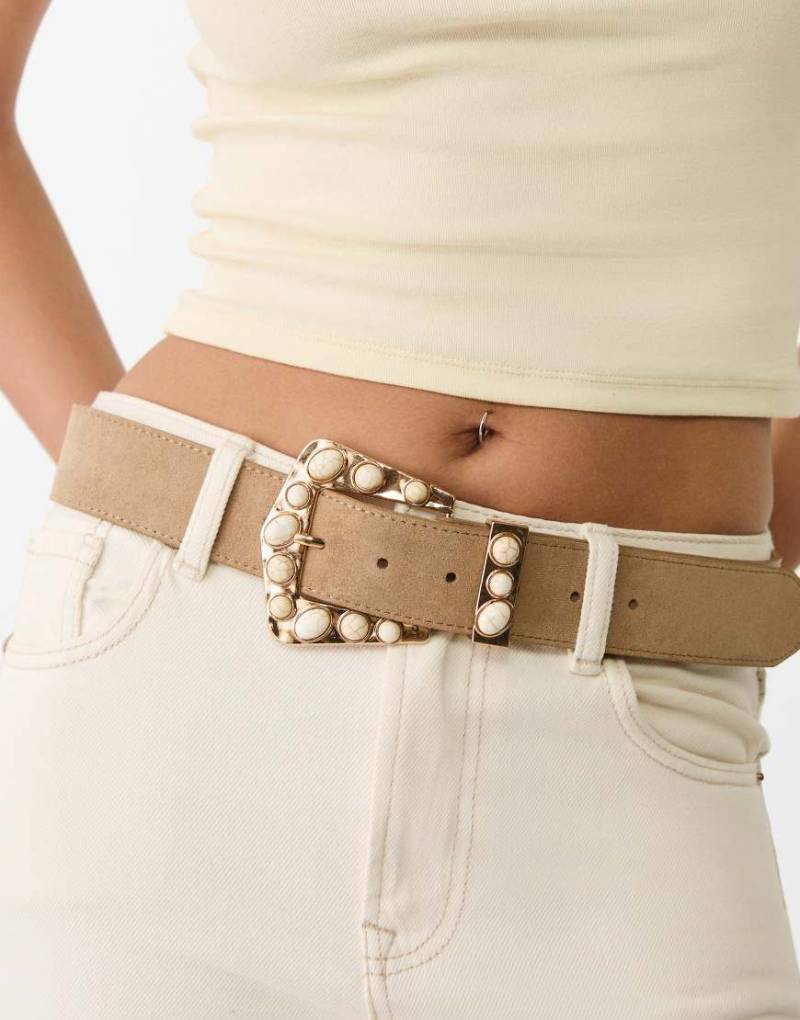 Stradivarius - Gürtel in Beige mit Schnalle und Schmuckstein-Neutral von Stradivarius