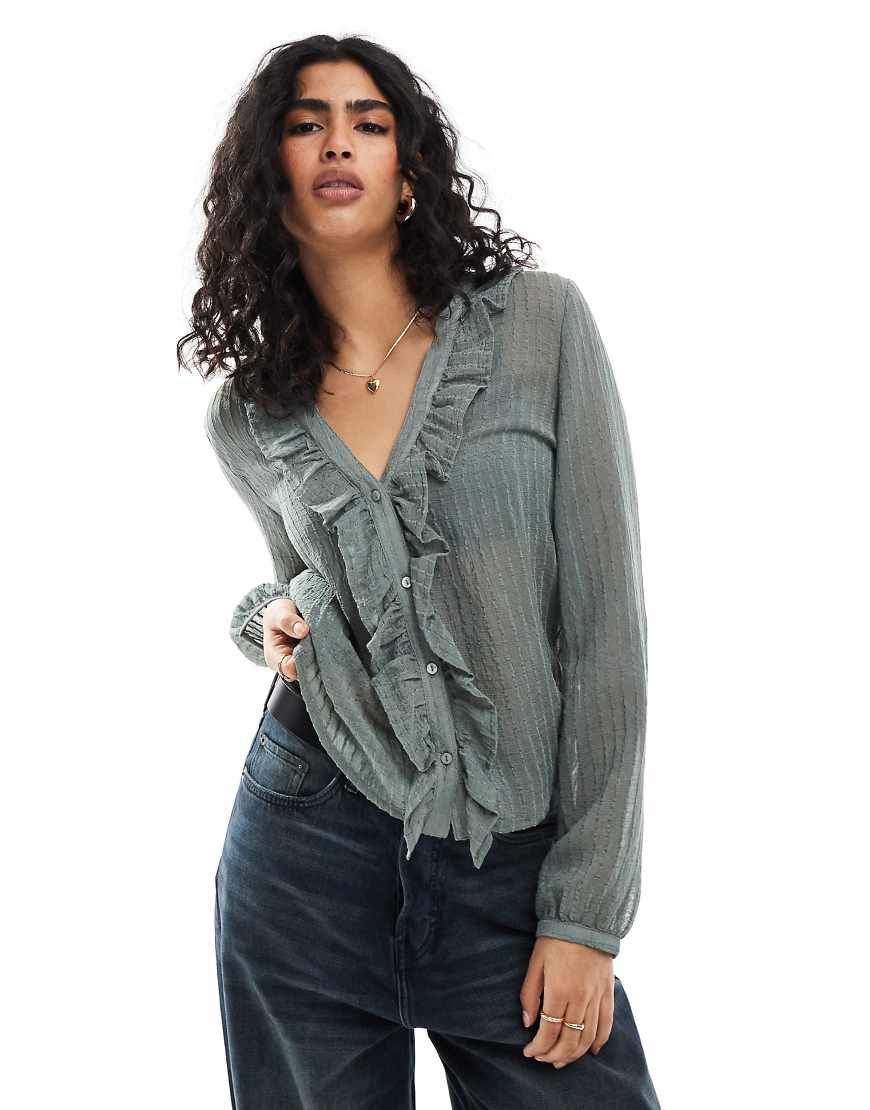 Stradivarius - Hemdbluse in Khaki mit Rüschen-Grün von Stradivarius