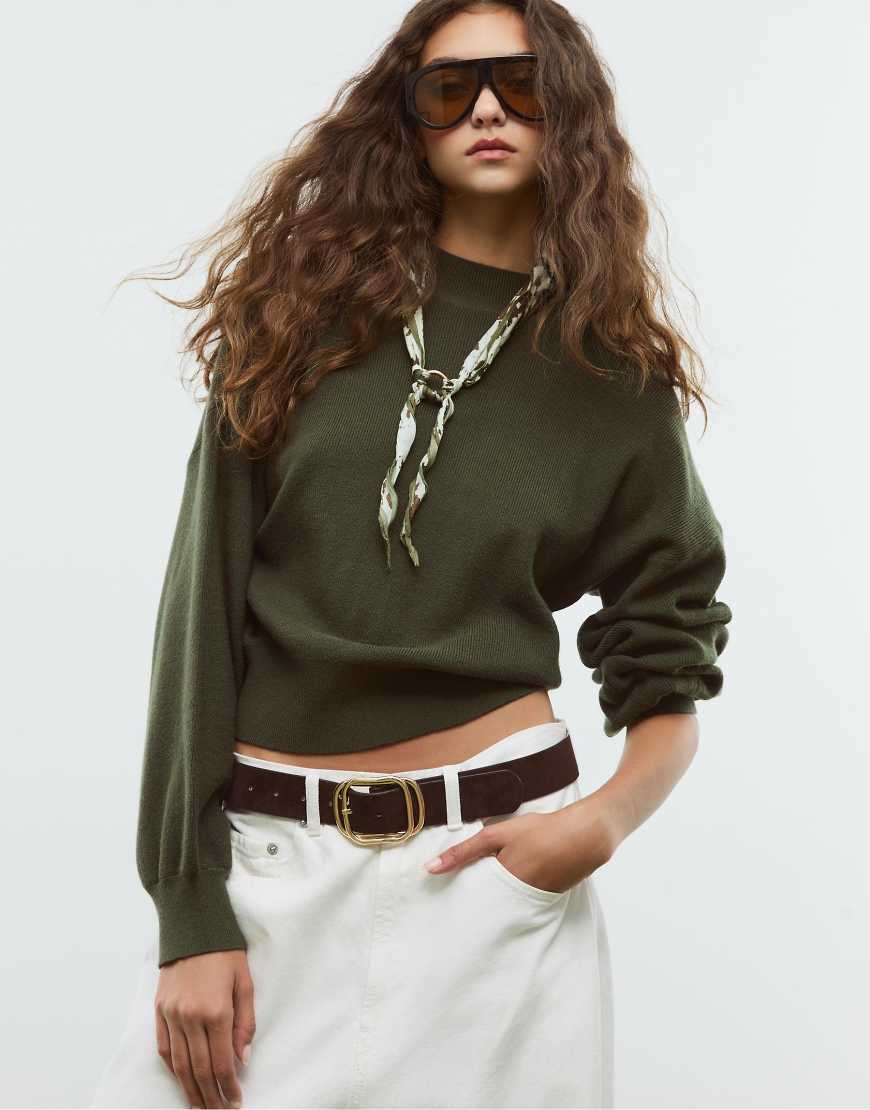 Stradivarius - Hochgeschlossener Strickpullover in Grün von Stradivarius