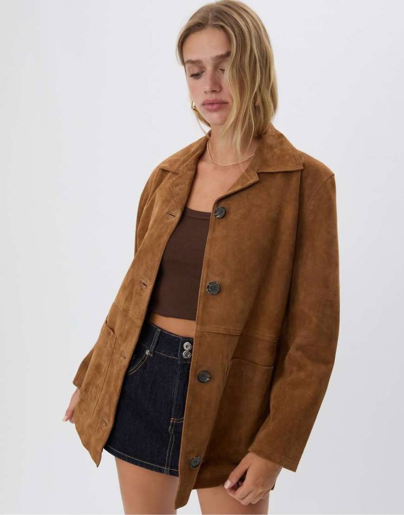 Stradivarius - Jacke in Braun mit Taschen aus 100% Leder-Brown von Stradivarius