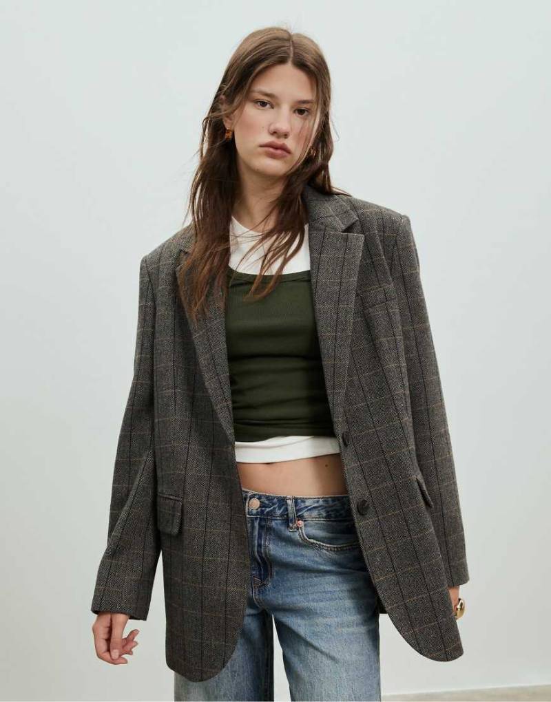Stradivarius - Karierter Oversize-Blazer in Dunkelgrau von Stradivarius