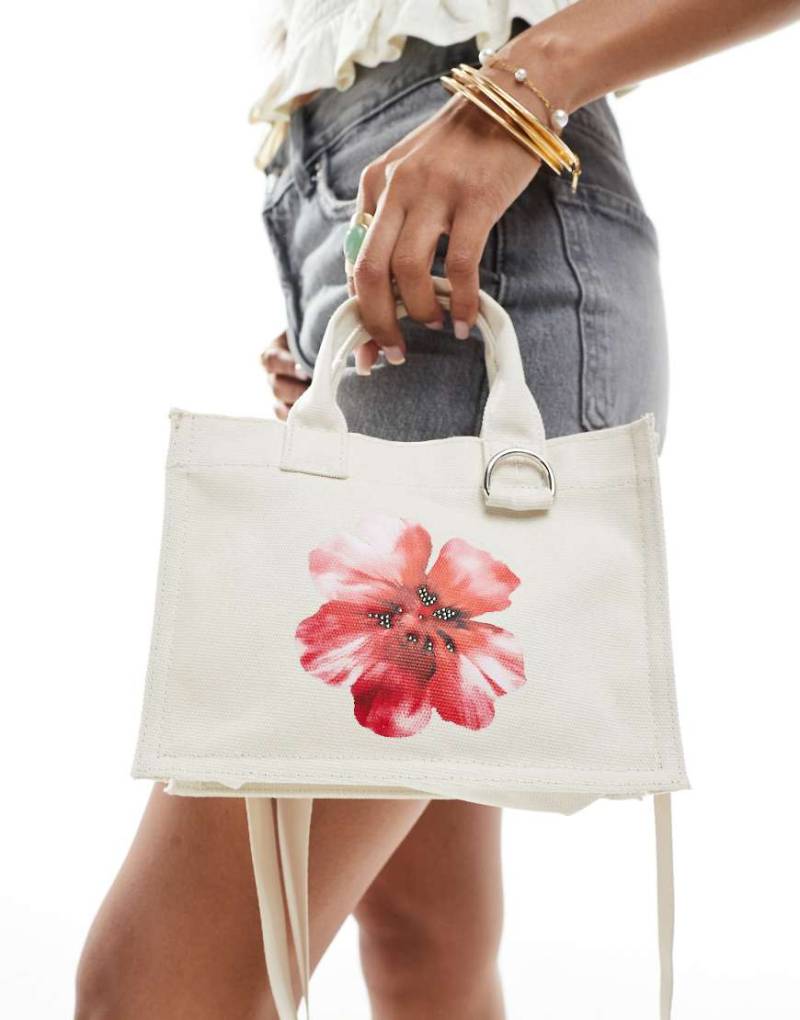 Stradivarius - Kleine Stofftasche in Ecru mit Blumendetail-Neutral von Stradivarius