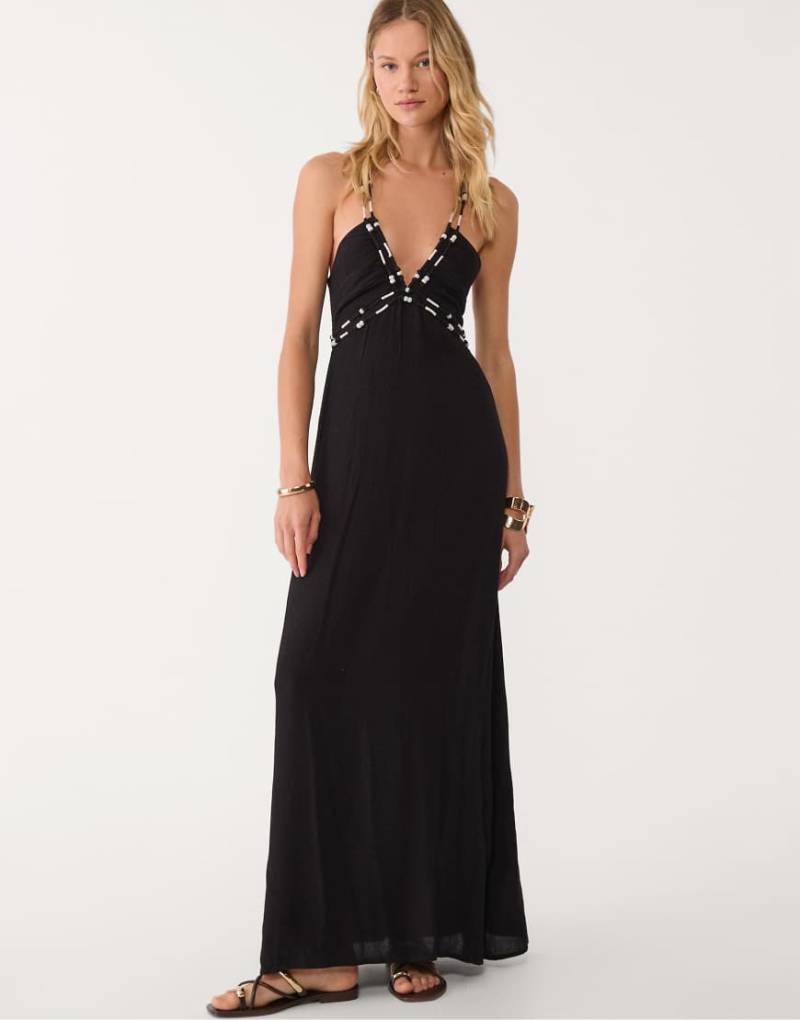 Stradivarius - Maxikleid in Schwarz mit Perlenverzierung von Stradivarius