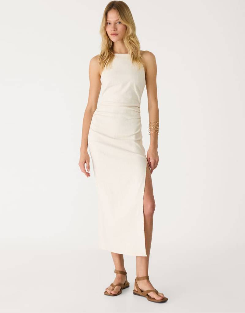Stradivarius - Neckholder-Midikleid in Steinbeige-Weiß von Stradivarius