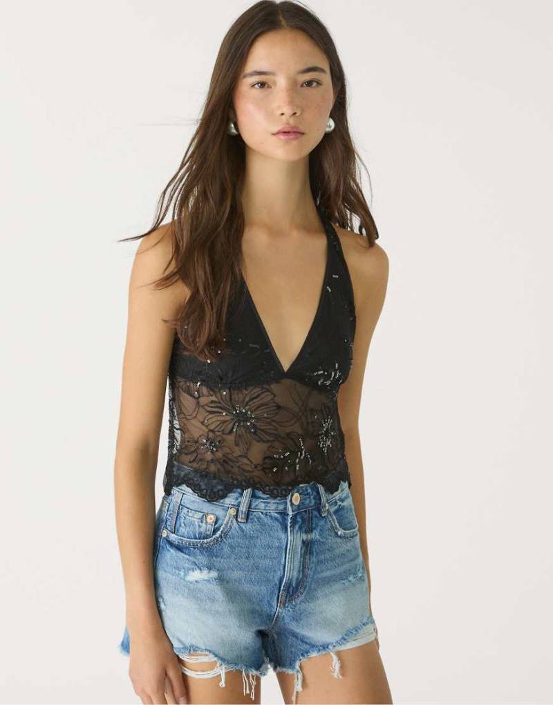 Stradivarius - Neckholder-Top in Schwarz mit Pailletten-Stickerei von Stradivarius