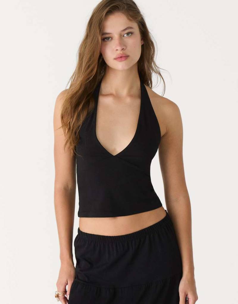 Stradivarius - Neckholder-Top in Schwarz mit V-Ausschnitt von Stradivarius