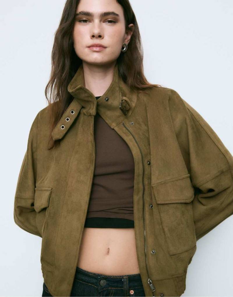 Stradivarius - Oversize-Jacke aus Wildlederimitat in Olivgrün von Stradivarius