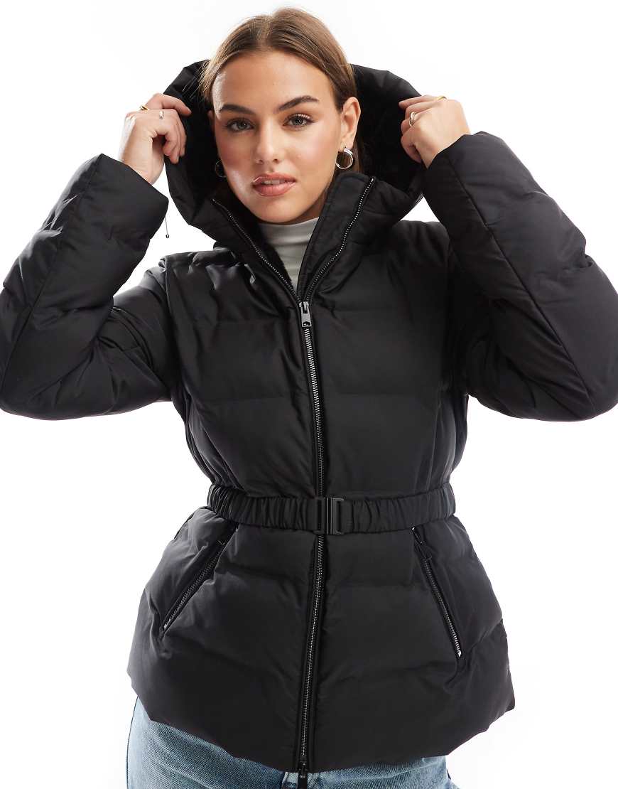 Stradivarius - Pufferjacke in Schwarz mit Kapuze und Gürtel von Stradivarius