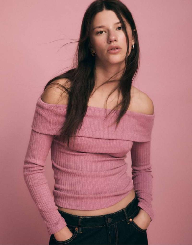 Stradivarius - Schulterfreies Strickoberteil in Mauve-Lila von Stradivarius