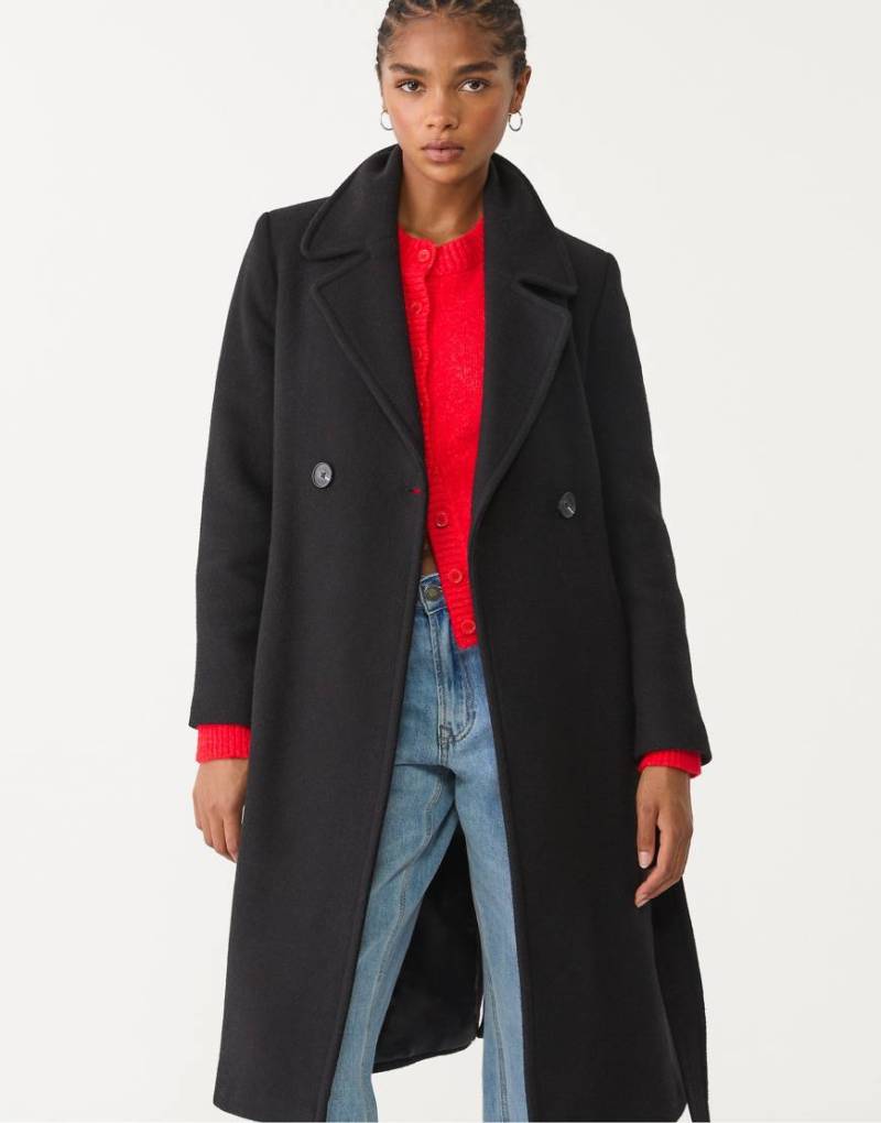 Stradivarius - Schwarzer Mantel in Wolloptik mit Gürtel von Stradivarius