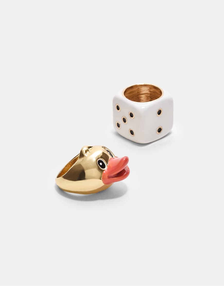 Stradivarius - Set mit 2 Ringen in Weiß mit Würfel- und Enten-Design von Stradivarius