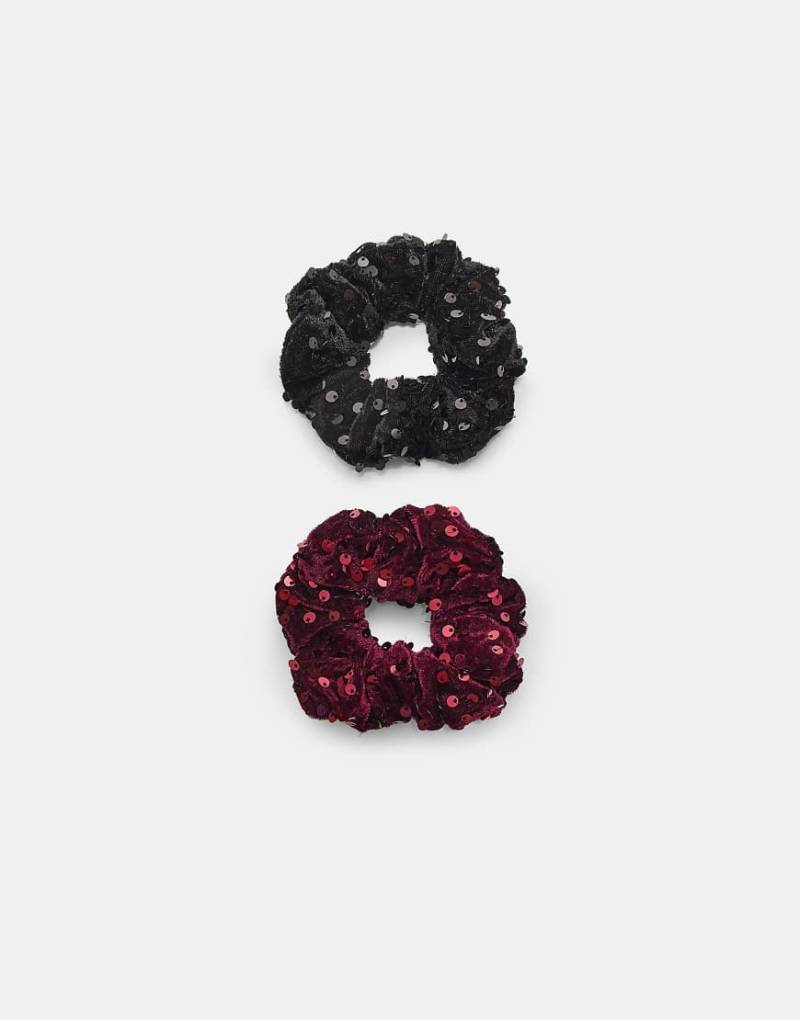 Stradivarius - Set mit 2 Scrunchie-Haargummis aus Samt in Schwarz mit Paillettenbesatz von Stradivarius