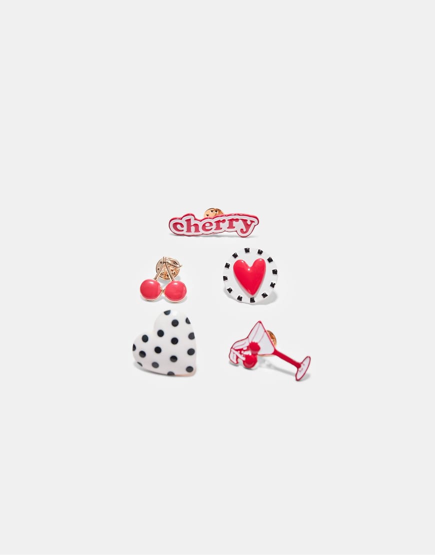 Stradivarius - Set mit 5 Ansteckern in Herz- und Kirschoptik in Rot von Stradivarius