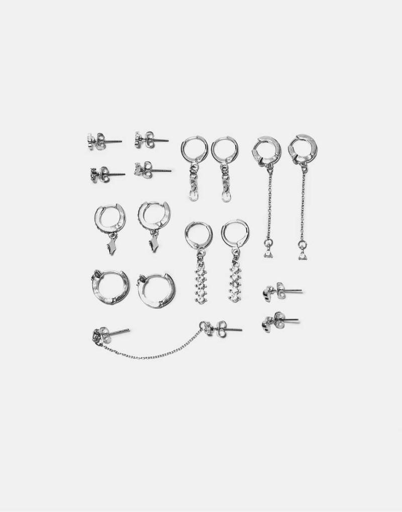 Stradivarius - Set mit 9 Kirsch- und Strassohrringen in Grau von Stradivarius