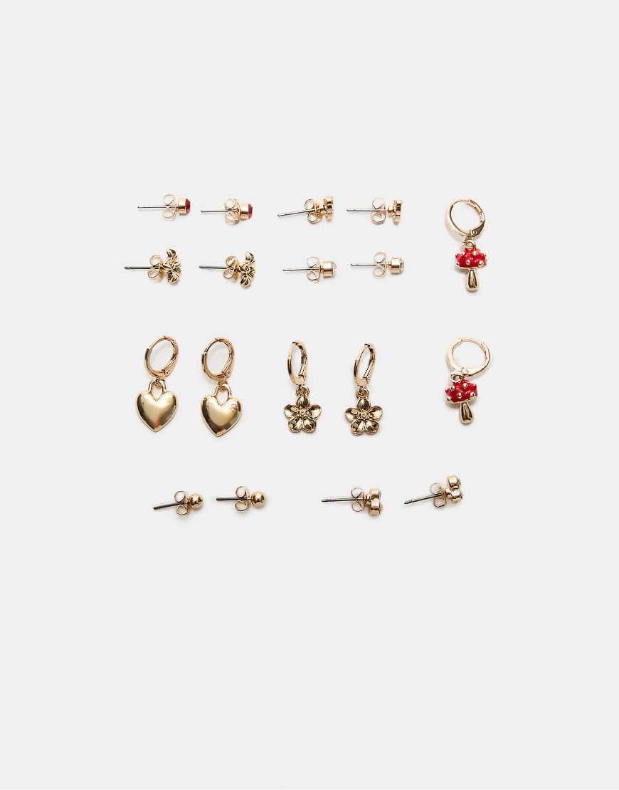 Stradivarius - Set mit 9 Paar Ohrringen in Gold-Optik mit Pilz-Design-Gelb von Stradivarius