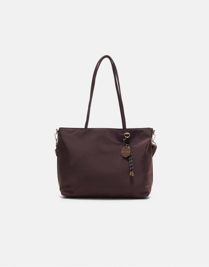 Stradivarius - Shopper-Tasche aus Stoff in Braun mit Taschenanhänger-Brown von Stradivarius