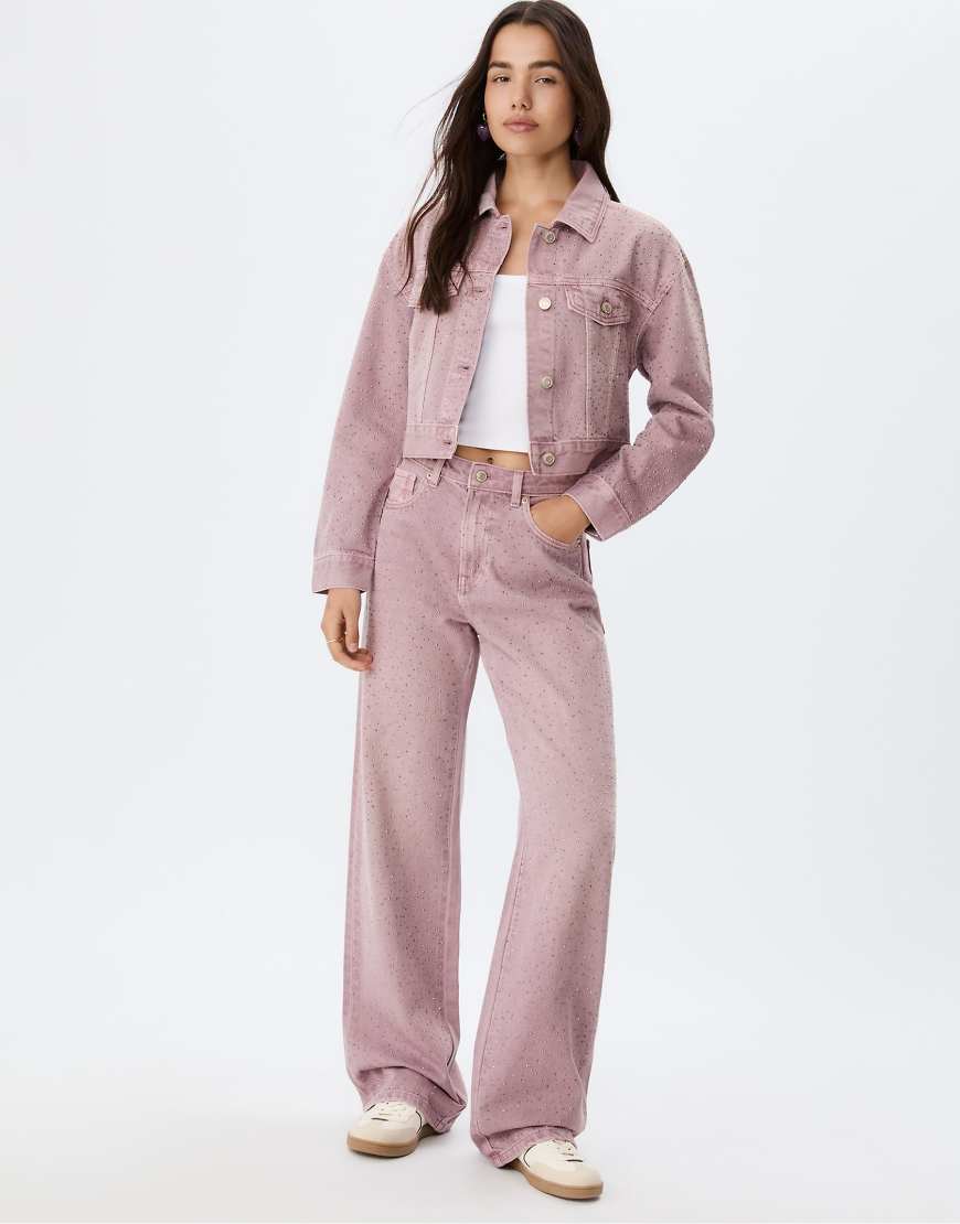 Stradivarius - Straight-Fit-Jeans in Flieder mit Strasssteinen-Lila von Stradivarius