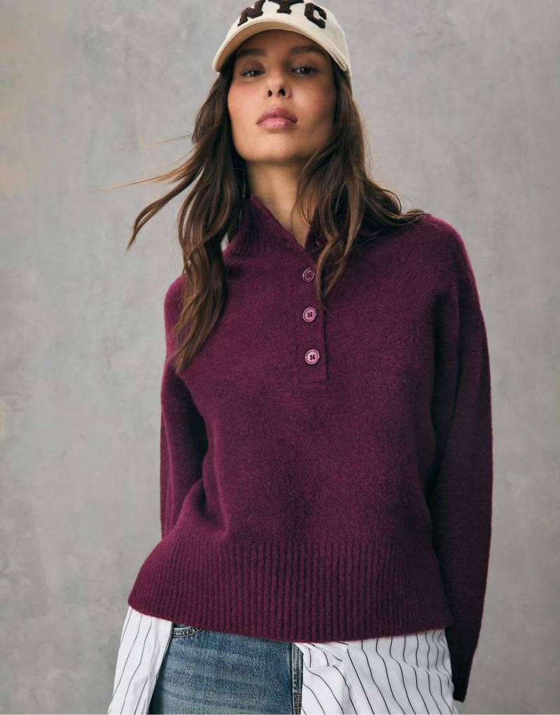 Stradivarius - Strickpullover in Aubergine mit Knöpfen-Lila von Stradivarius