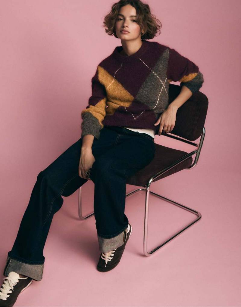 Stradivarius - Strickpullover in Aubergine mit Rautenmuster-Lila von Stradivarius