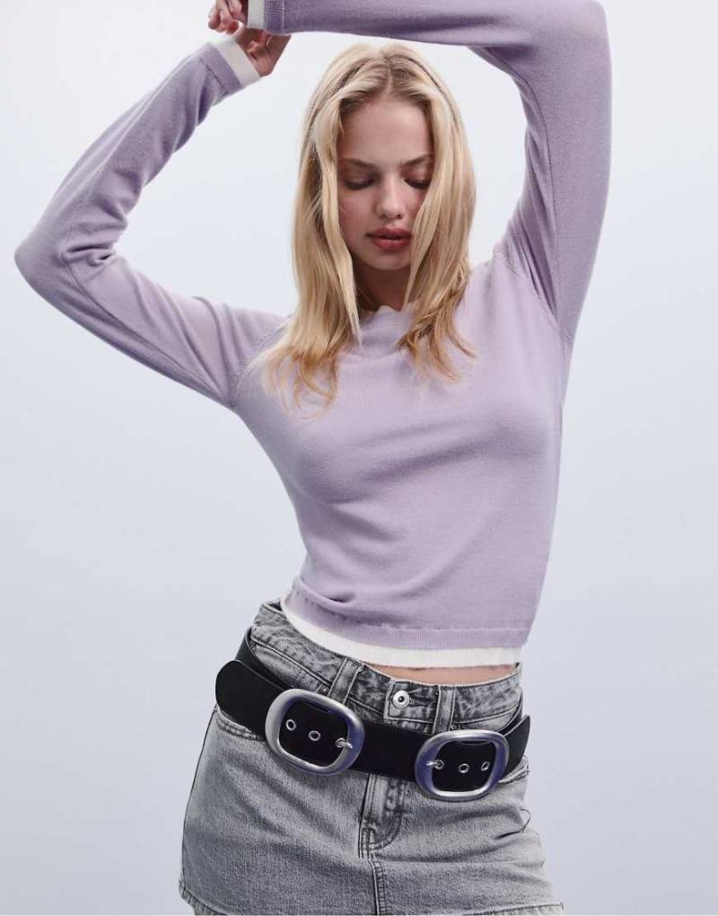 Stradivarius - Strickpullover in Flieder mit kontrastierenden Abschlüssen-Lila von Stradivarius