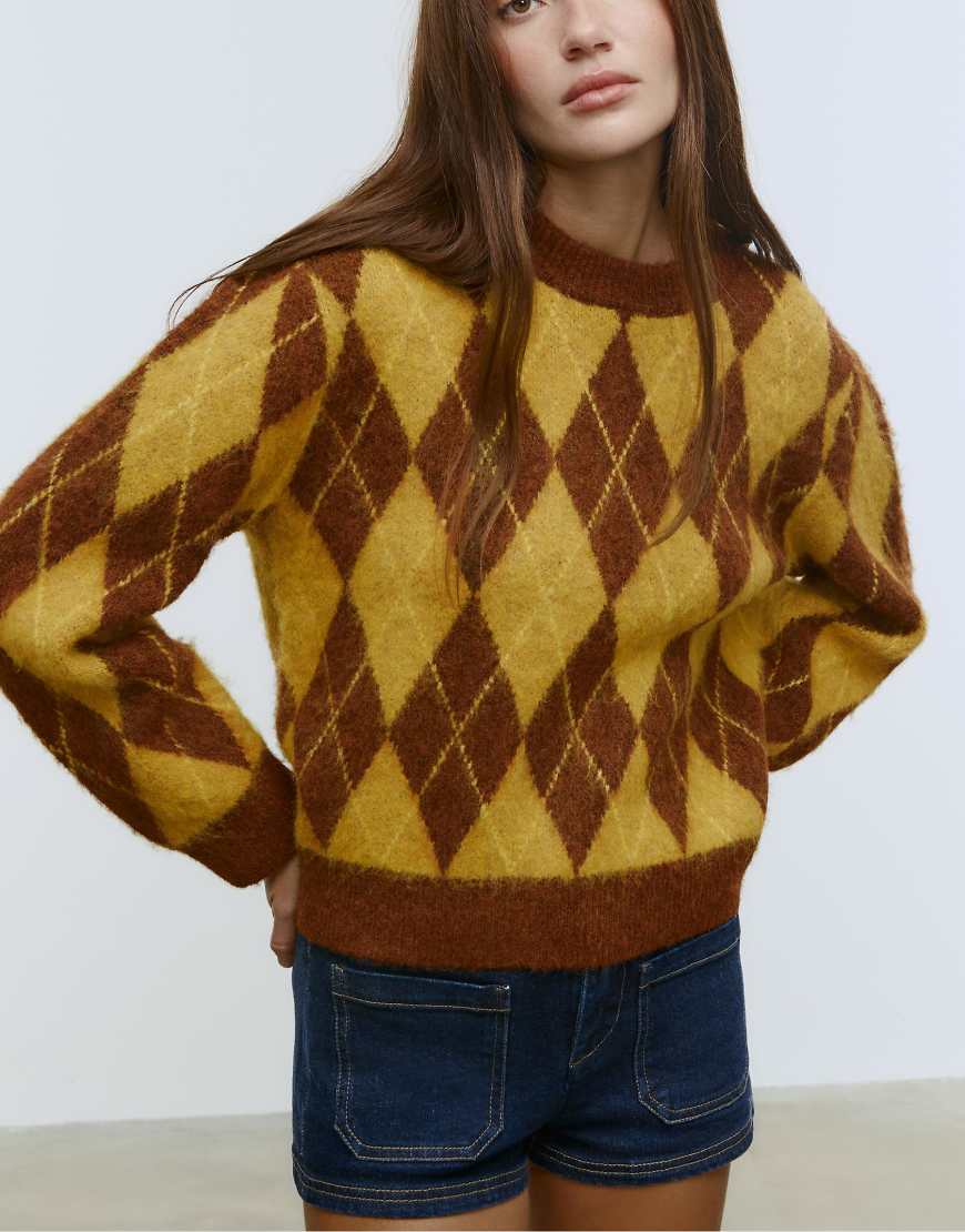 Stradivarius - Strickpullover in blassem Kamelbraun mit Rautenmuster-Neutral von Stradivarius