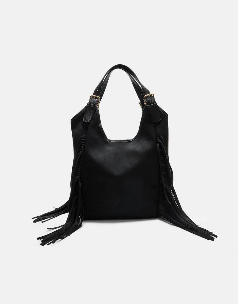 Stradivarius - Tasche in Schwarz aus Wildlederimitat mit langen Fransen von Stradivarius