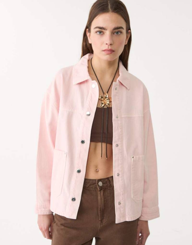 Stradivarius - Twill-Jacke in Pastellrosa mit Taschen von Stradivarius