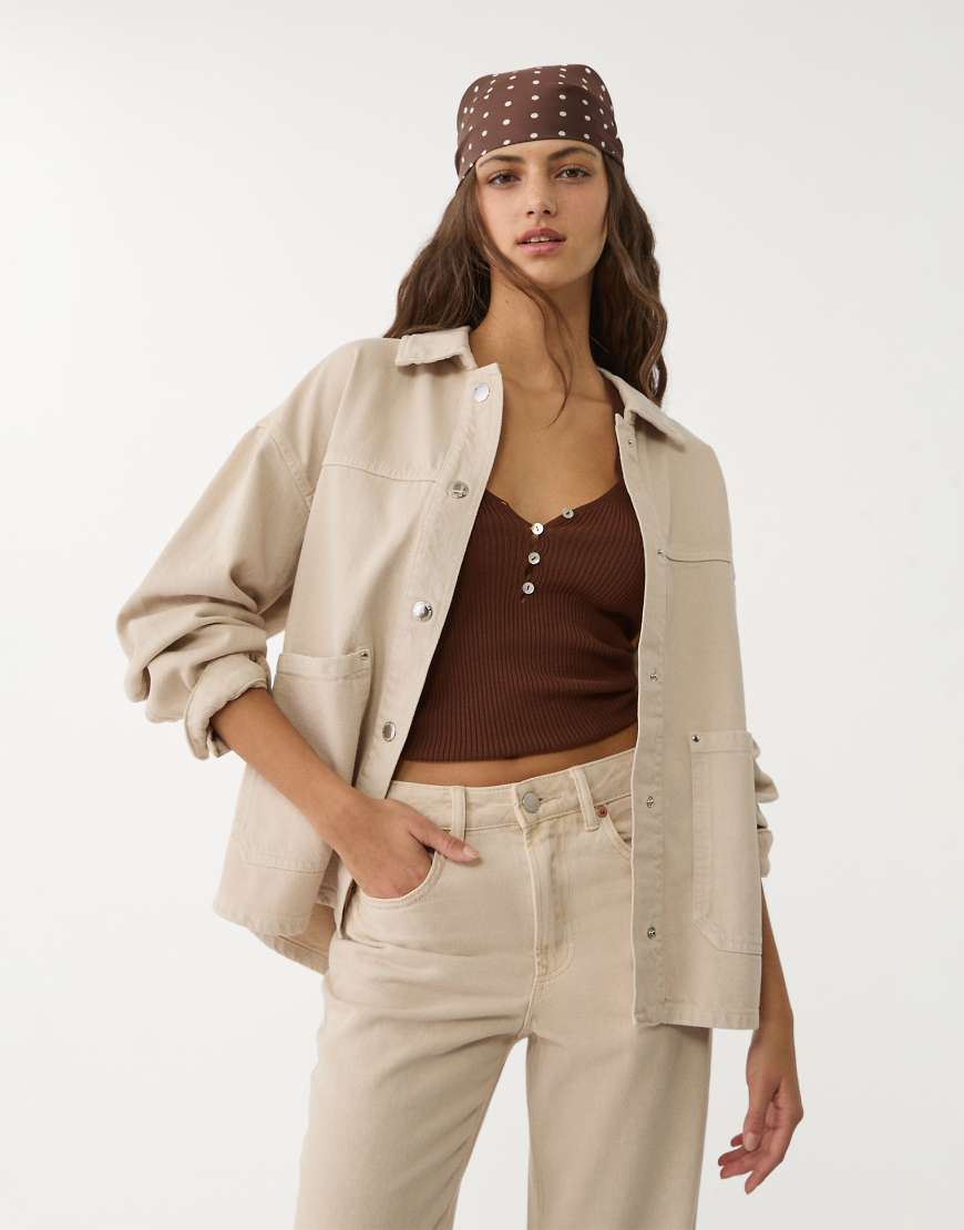 Stradivarius - Twill-Jacke in Sandbeige mit Taschen-Weiß von Stradivarius