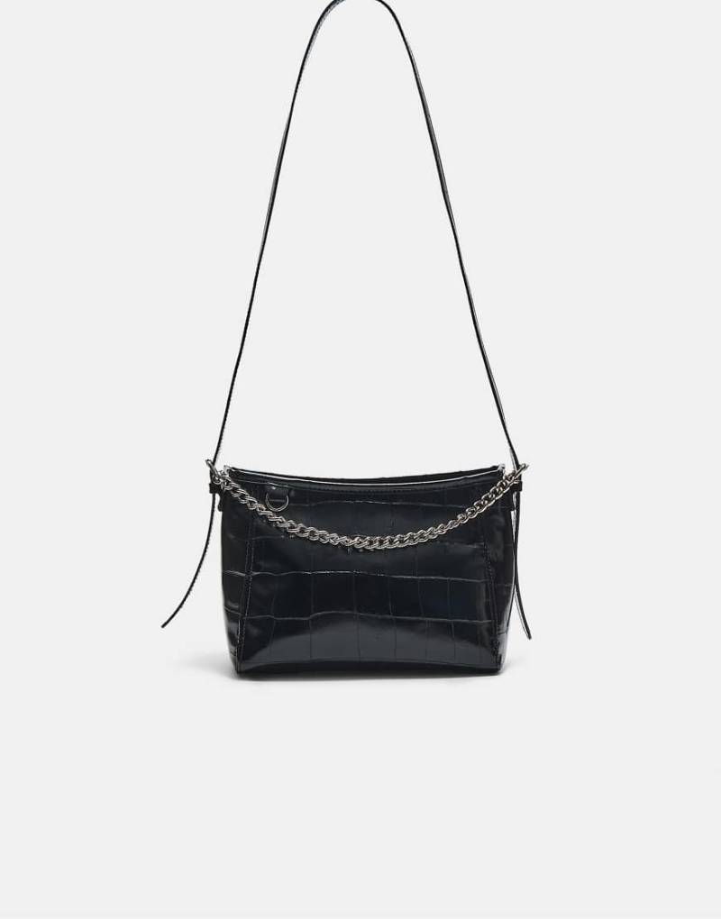 Stradivarius - Umhängetasche in Kroko-Schwarz mit Kettendetail von Stradivarius