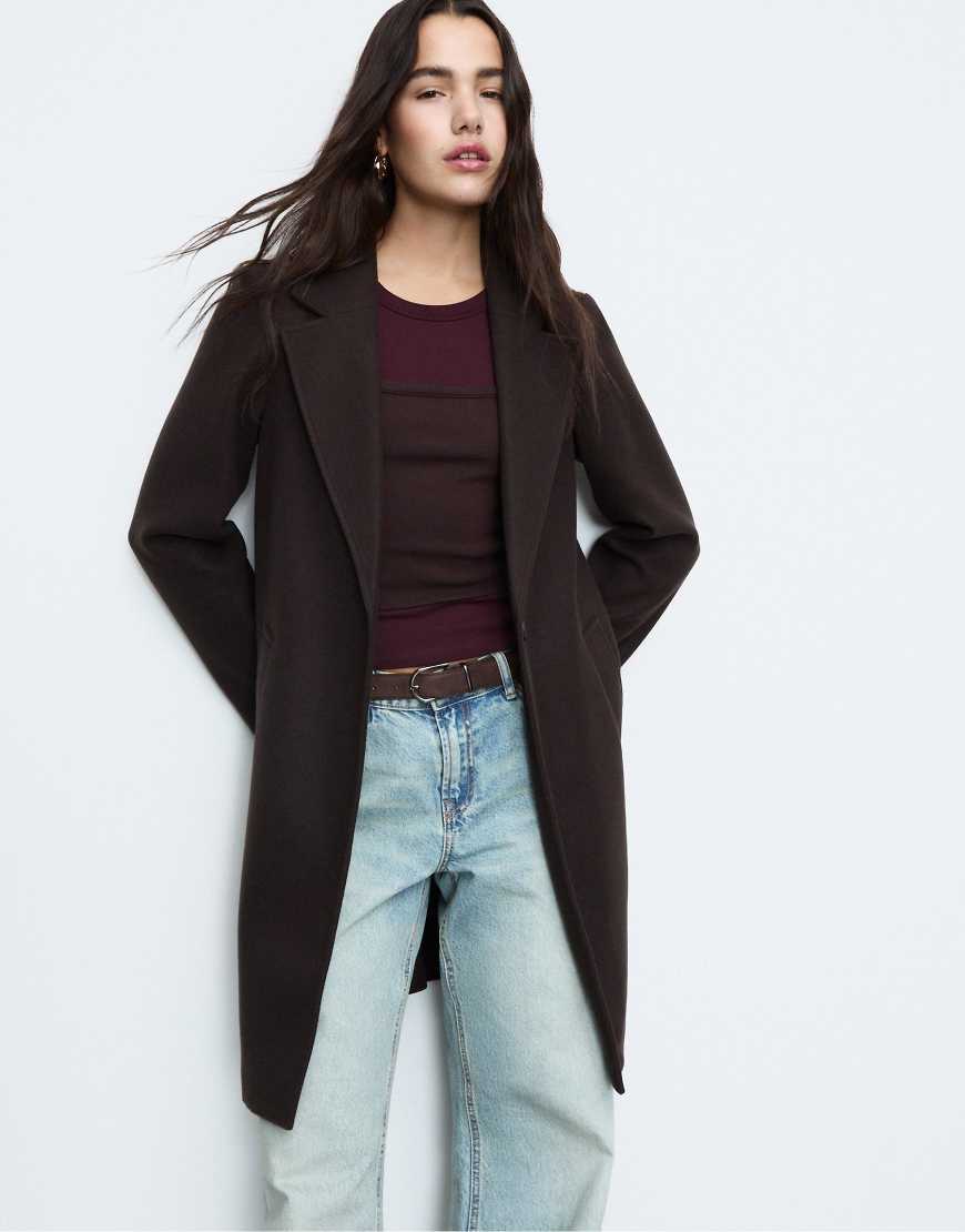 Stradivarius - Weicher Midi-Mantel in Braun mit Knopfleiste-Brown von Stradivarius