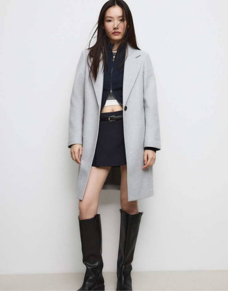 Stradivarius - Weicher Midi-Mantel in Grau meliert mit Knopfleiste von Stradivarius