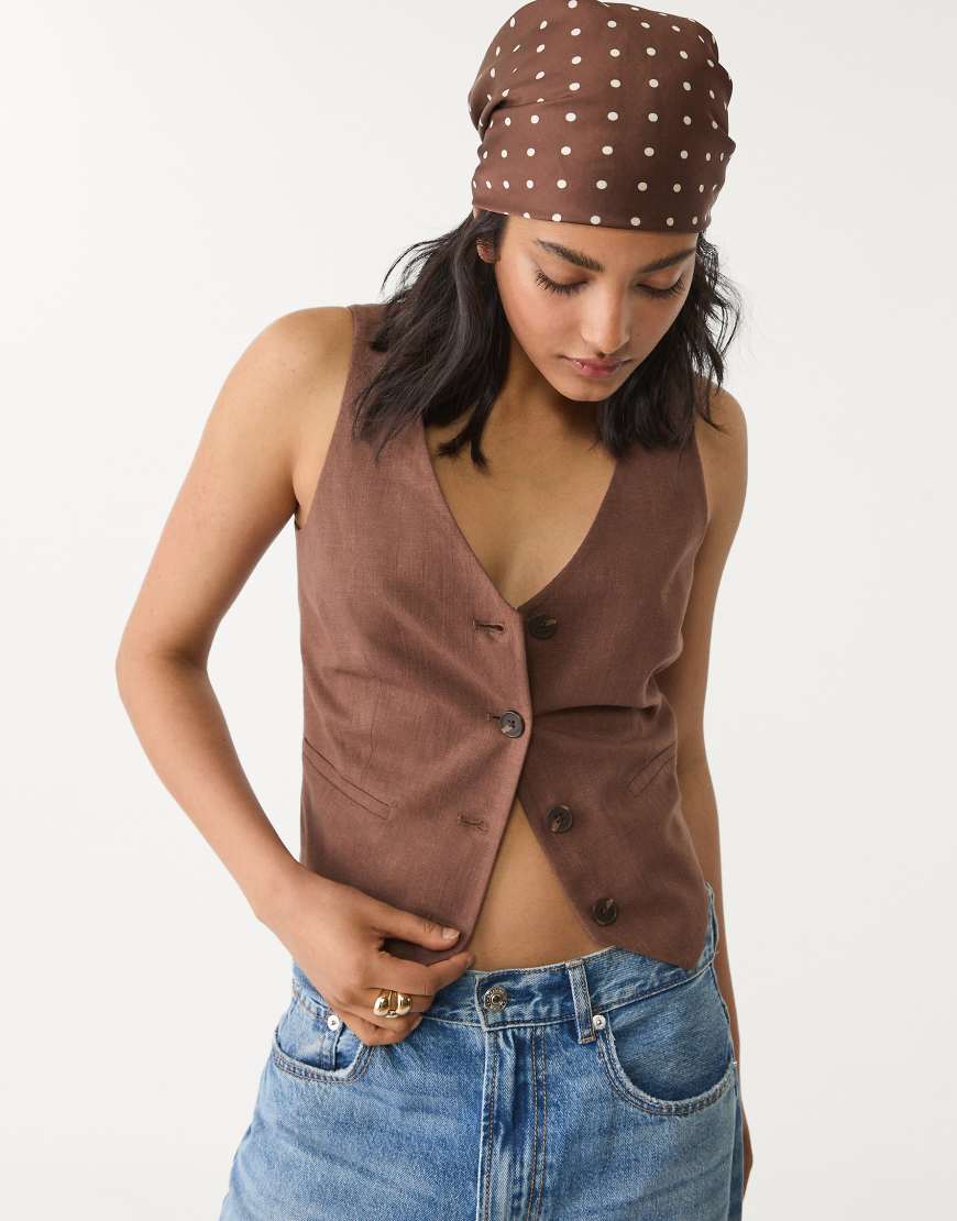 Stradivarius - Weste aus Leinenmix in Braun mit Knopfleiste von Stradivarius