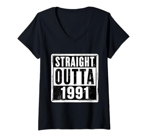 Damen Straight Outta 1991 Geburtstag Damen Herren Distressed Funny T-Shirt mit V-Ausschnitt von Straight Outta 1991 Birthday Mens Womens Products