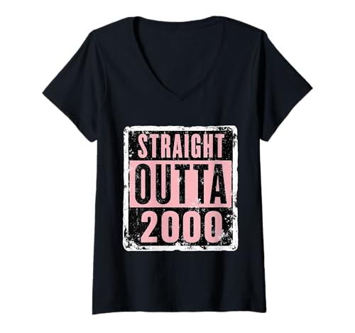 Damen Straight Outta 2000 Birthday Damen Mädchen Distressed Funny T-Shirt mit V-Ausschnitt von Straight Outta 2000 Birthday Womens Girls Products