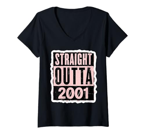 Damen Straight Outta 2001 Geburtstag Damen Mädchen Distressed Funny T-Shirt mit V-Ausschnitt von Straight Outta 2001 Birthday Womens Girls Products