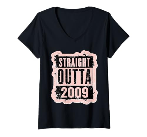 Damen Straight Outta 2009 Geburtstag Damen Mädchen Distressed Funny T-Shirt mit V-Ausschnitt von Straight Outta 2009 Birthday Womens Girls Products