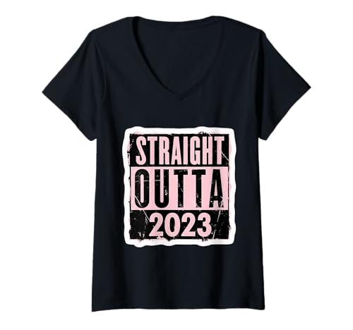 Damen Straight Outta 2023 Geburtstag Damen Mädchen Distressed Funny T-Shirt mit V-Ausschnitt von Straight Outta 2023 Birthday Womens Girls Products