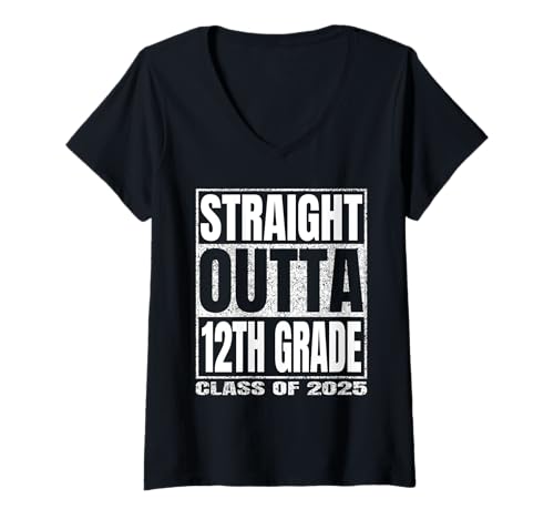 Damen Straight Outta 12th Grade Graduate Class 2025 Twelfth Grade T-Shirt mit V-Ausschnitt von Straight Outta Graduation Class of 2025 School Tee