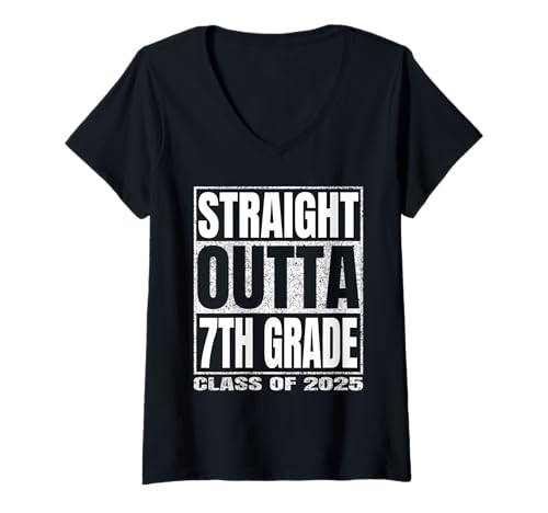 Damen Straight Outta 7th Grade Graduate Class Of 2025 Seventh Grad T-Shirt mit V-Ausschnitt von Straight Outta Graduation Class of 2025 School Tee