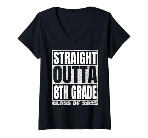 Damen Straight Outta 8th Grade Graduate Class Of 2025 Eighth Grade T-Shirt mit V-Ausschnitt von Straight Outta Graduation Class of 2025 School Tee