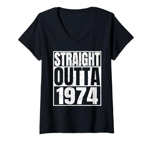 Damen Straight Outta 1974 Vintage Year Classic Birth of Birthday T-Shirt mit V-Ausschnitt von Straight Outta Vintage Birthday Retro Years Store